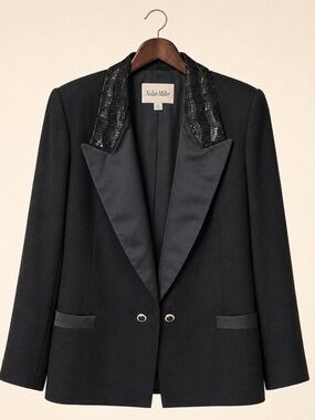 Vintage Nolan Miller Black Beaded Satin Lapel Tuxedo Blazer